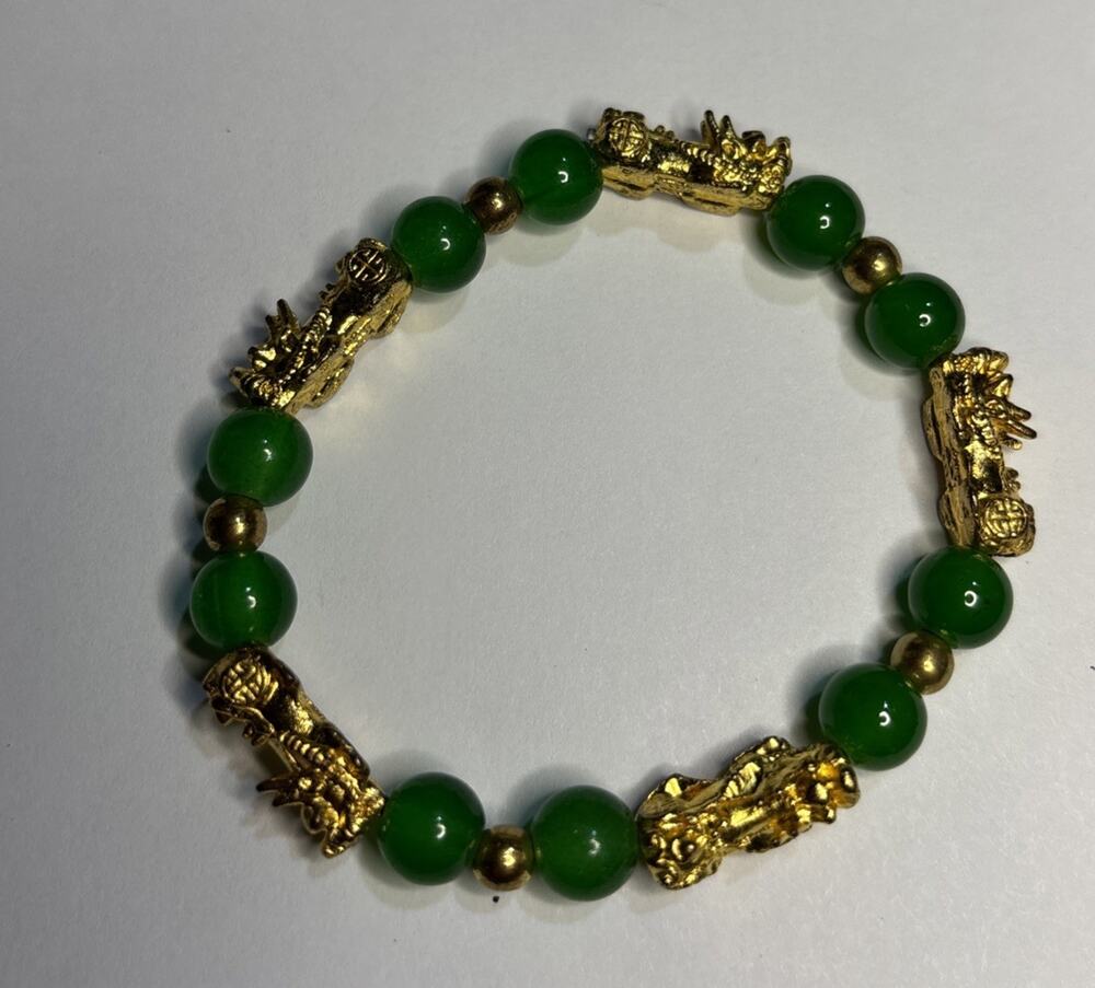 Feng Shui Green Bead Gold Tone Pixiu Dragon Good Luck Bracelet 6”